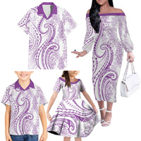 Polynesia Plumeria Lei Family Matching Off The Shoulder Long Sleeve Dress and Hawaiian Shirt White Violet Curves Motif LT7 - Polynesian Pride