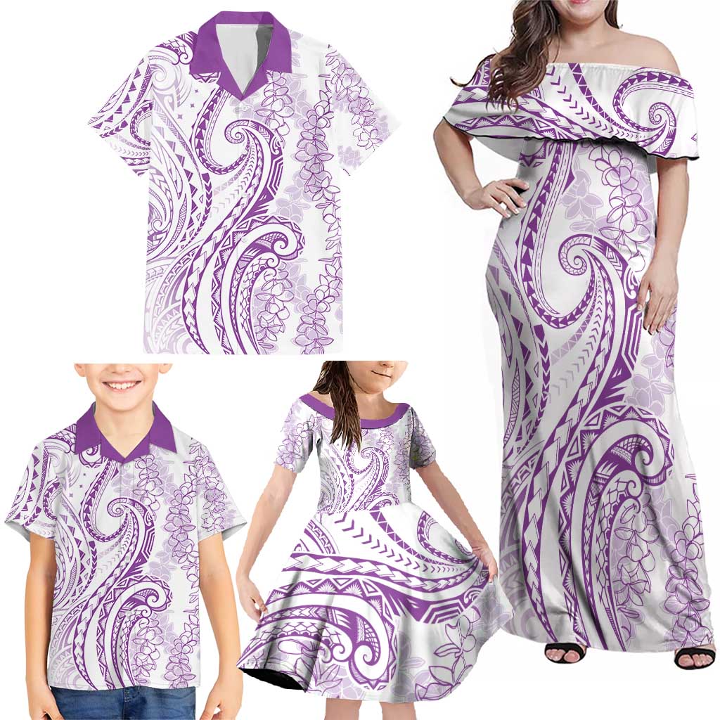 Polynesia Plumeria Lei Family Matching Off Shoulder Maxi Dress and Hawaiian Shirt White Violet Curves Motif LT7 - Polynesian Pride