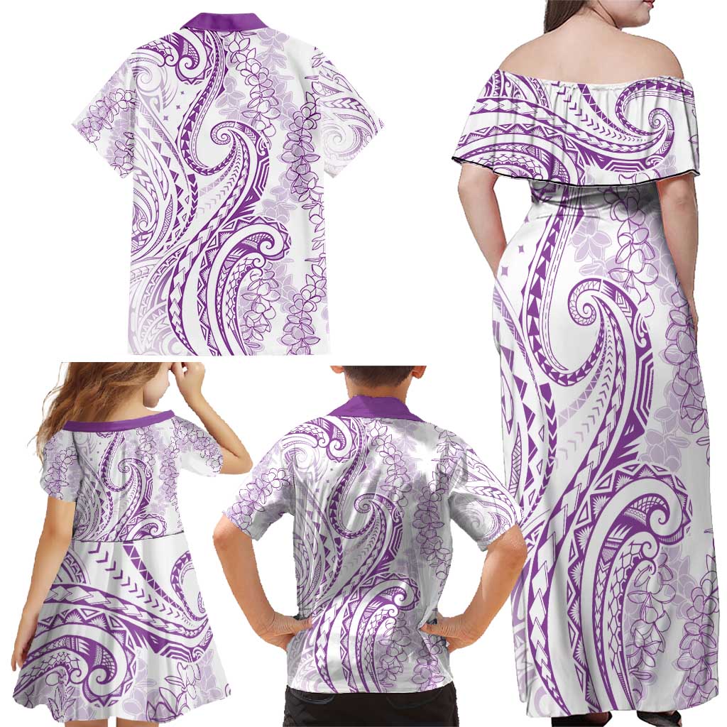 Polynesia Plumeria Lei Family Matching Off Shoulder Maxi Dress and Hawaiian Shirt White Violet Curves Motif LT7 - Polynesian Pride