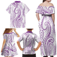 Polynesia Plumeria Lei Family Matching Off Shoulder Maxi Dress and Hawaiian Shirt White Violet Curves Motif LT7 - Polynesian Pride