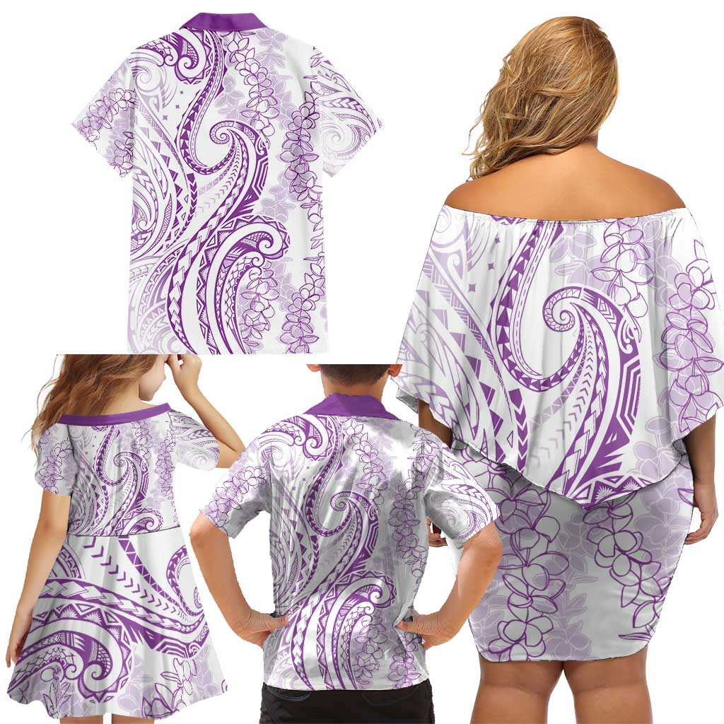 Polynesia Plumeria Lei Family Matching Off Shoulder Short Dress and Hawaiian Shirt White Violet Curves Motif LT7 - Polynesian Pride