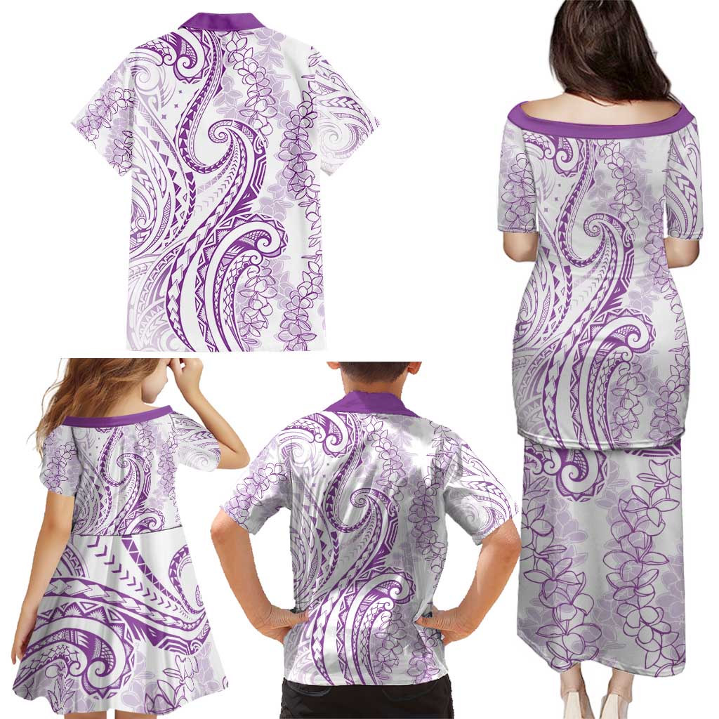 Polynesia Plumeria Lei Family Matching Puletasi and Hawaiian Shirt White Violet Curves Motif LT7 - Polynesian Pride