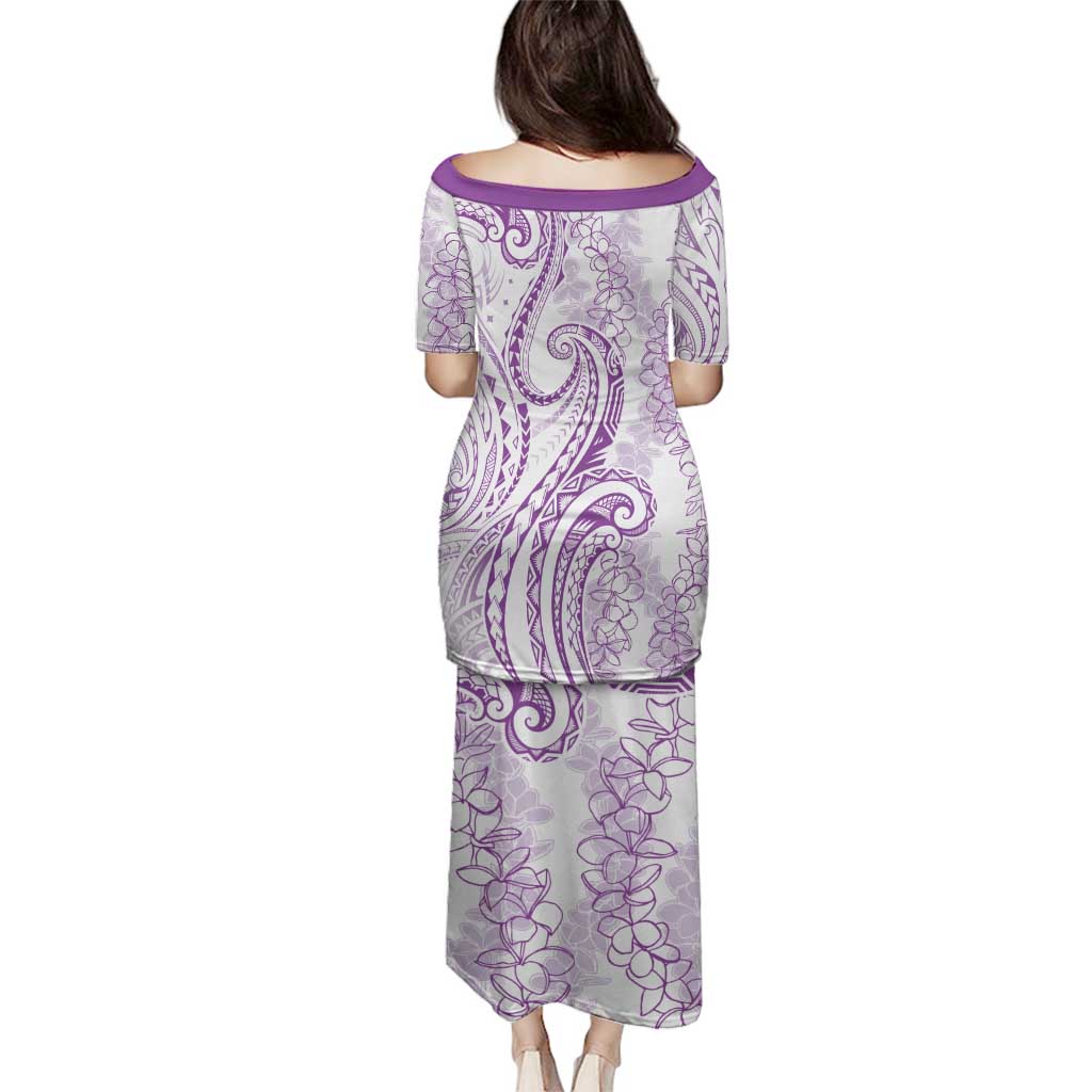 Polynesia Plumeria Lei Family Matching Puletasi and Hawaiian Shirt White Violet Curves Motif LT7 - Polynesian Pride