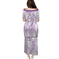 Polynesia Plumeria Lei Family Matching Puletasi and Hawaiian Shirt White Violet Curves Motif LT7 - Polynesian Pride