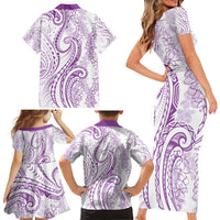 Polynesia Plumeria Lei Family Matching Short Sleeve Bodycon Dress and Hawaiian Shirt White Violet Curves Motif LT7 - Polynesian Pride