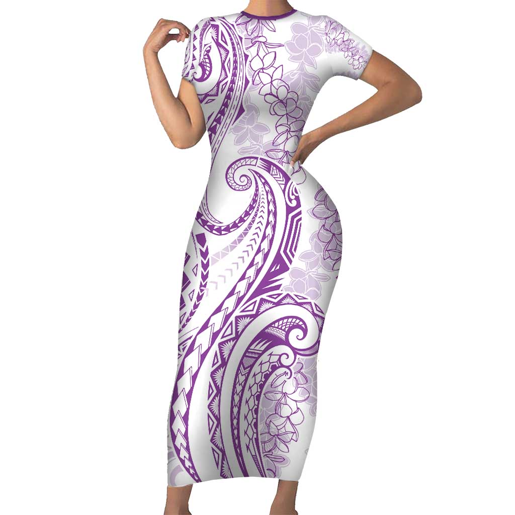 Polynesia Plumeria Lei Family Matching Short Sleeve Bodycon Dress and Hawaiian Shirt White Violet Curves Motif LT7 Mom's Dress Violet - Polynesian Pride