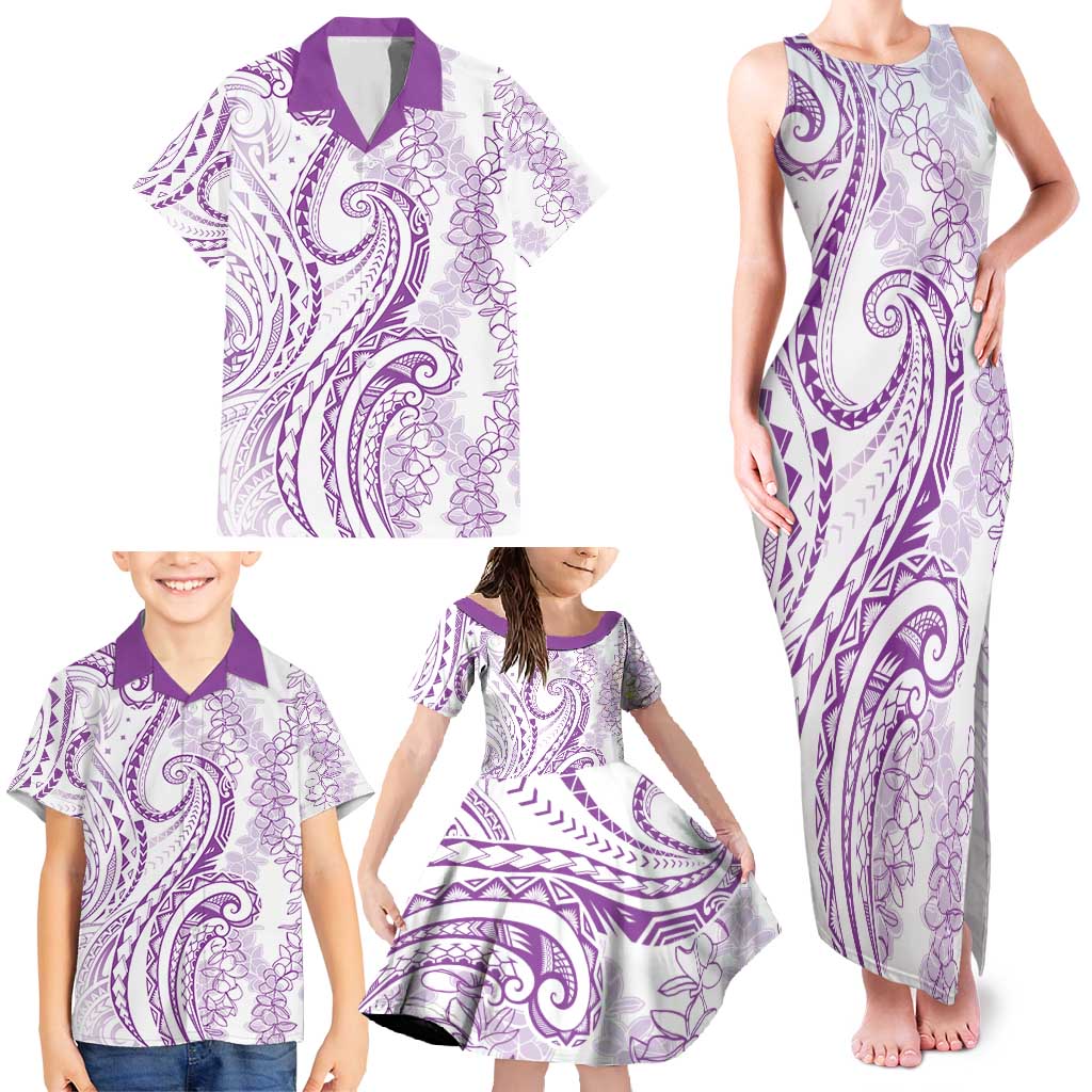 Polynesia Plumeria Lei Family Matching Tank Maxi Dress and Hawaiian Shirt White Violet Curves Motif LT7 - Polynesian Pride