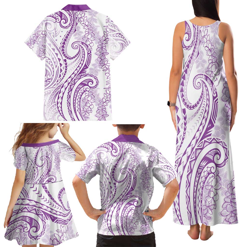 Polynesia Plumeria Lei Family Matching Tank Maxi Dress and Hawaiian Shirt White Violet Curves Motif LT7 - Polynesian Pride