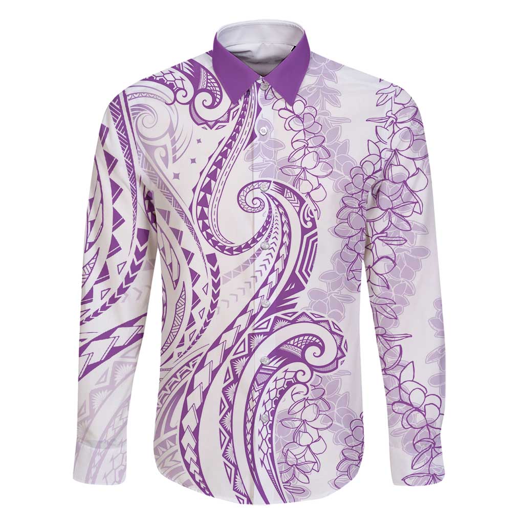 Polynesia Plumeria Lei Family Matching Tank Maxi Dress and Hawaiian Shirt White Violet Curves Motif LT7 Dad's Shirt - Long Sleeve Violet - Polynesian Pride