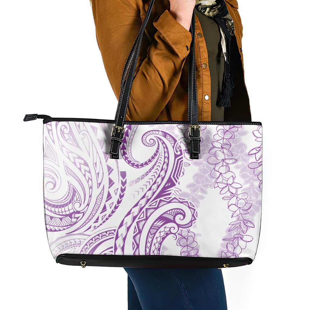 Polynesia Plumeria Lei Leather Tote Bag White Violet Curves Motif