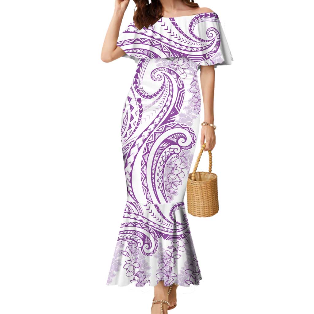 Polynesia Plumeria Lei Mermaid Dress White Violet Curves Motif