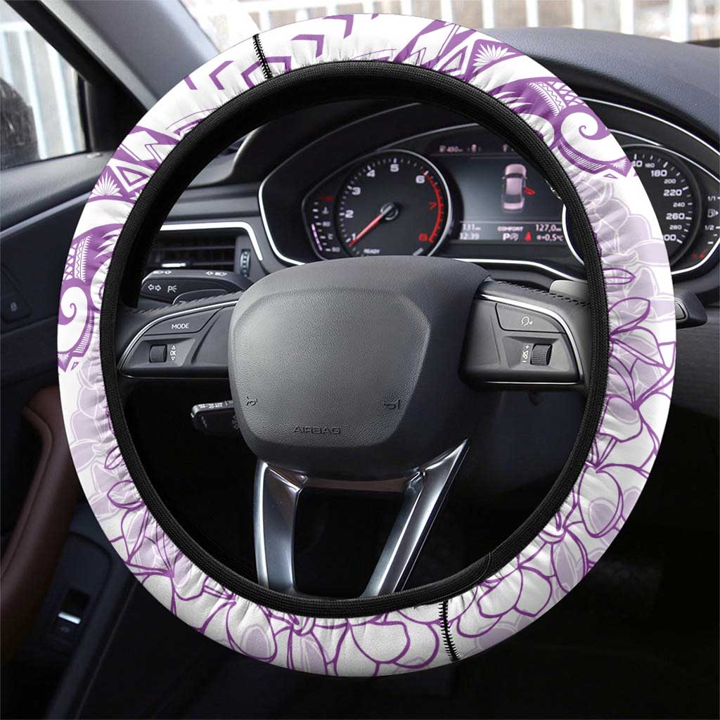 Polynesia Plumeria Lei Steering Wheel Cover White Violet Curves Motif