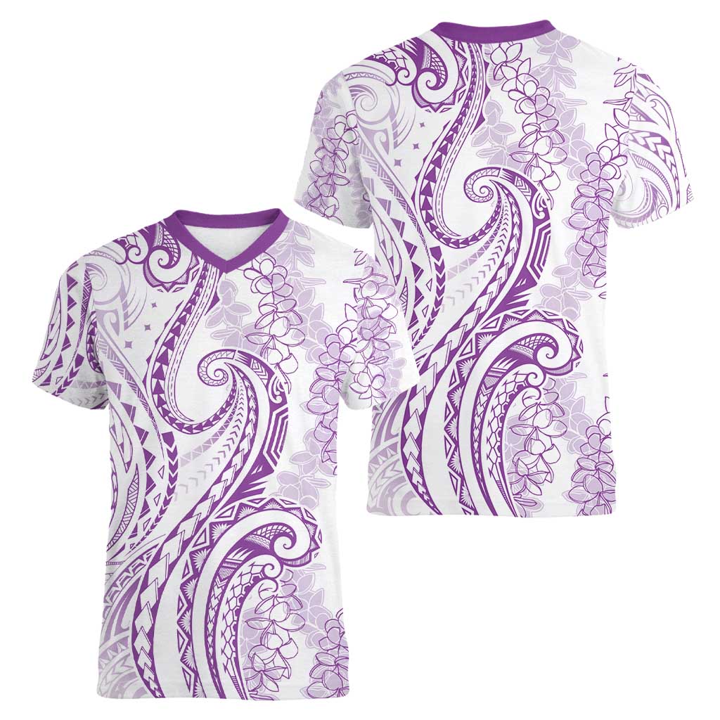 Polynesia Plumeria Lei Women V-Neck T-Shirt White Violet Curves Motif