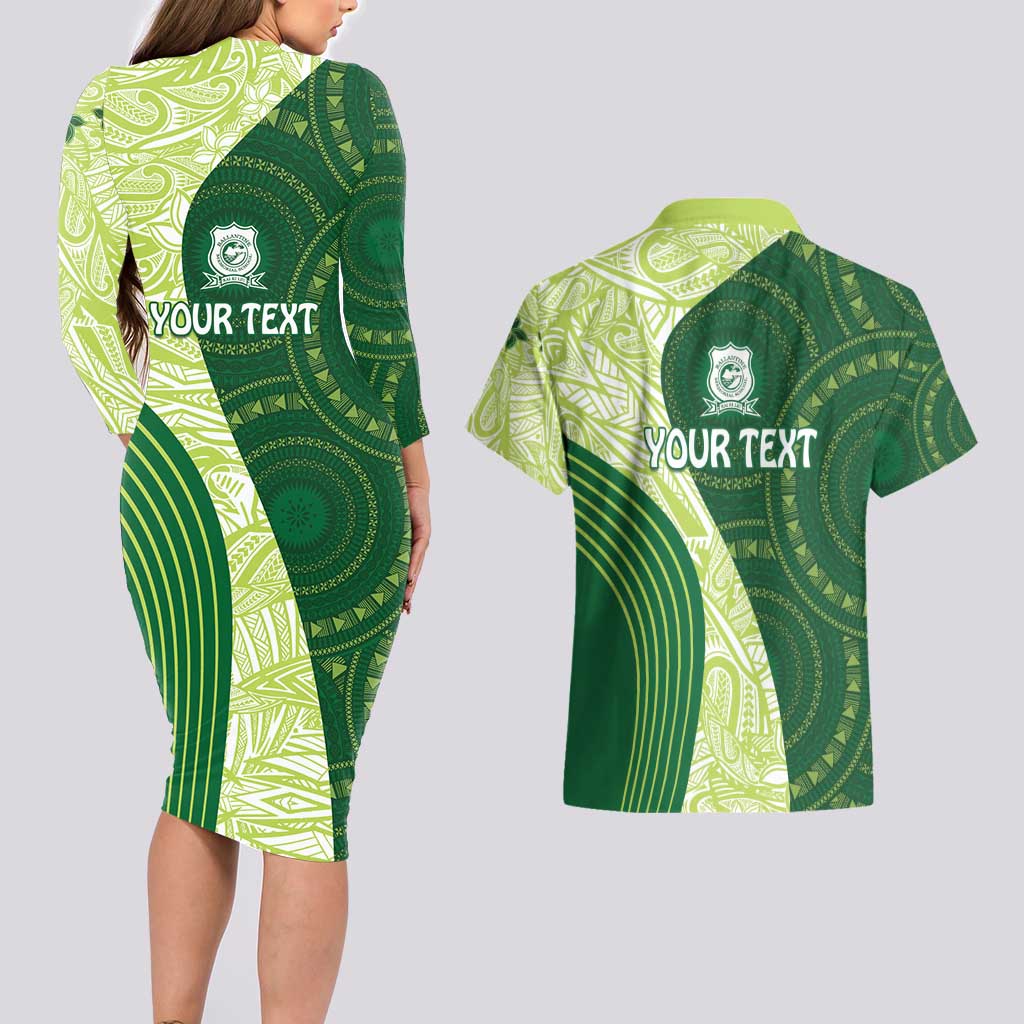 Fiji Ballantine Memorial High School Personalised Couples Matching Long Sleeve Bodycon Dress and Hawaiian Shirt Masi Tapa Mix Plumeria LT7 - Polynesian Pride