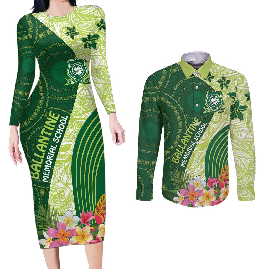 Fiji Ballantine Memorial High School Personalised Couples Matching Long Sleeve Bodycon Dress and Long Sleeve Button Shirt Masi Tapa Mix Plumeria LT7 Green - Polynesian Pride