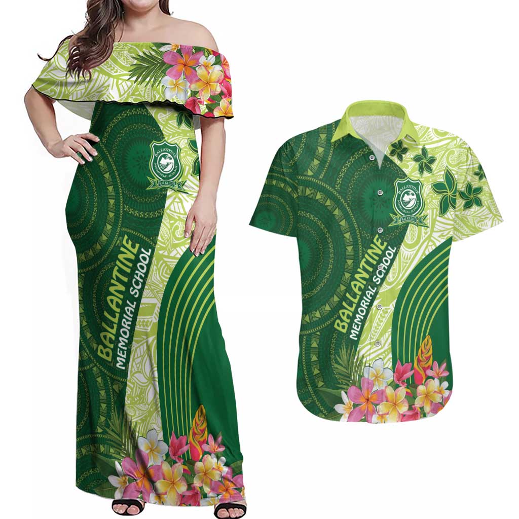 Fiji Ballantine Memorial High School Personalised Couples Matching Off Shoulder Maxi Dress and Hawaiian Shirt Masi Tapa Mix Plumeria LT7 Green - Polynesian Pride