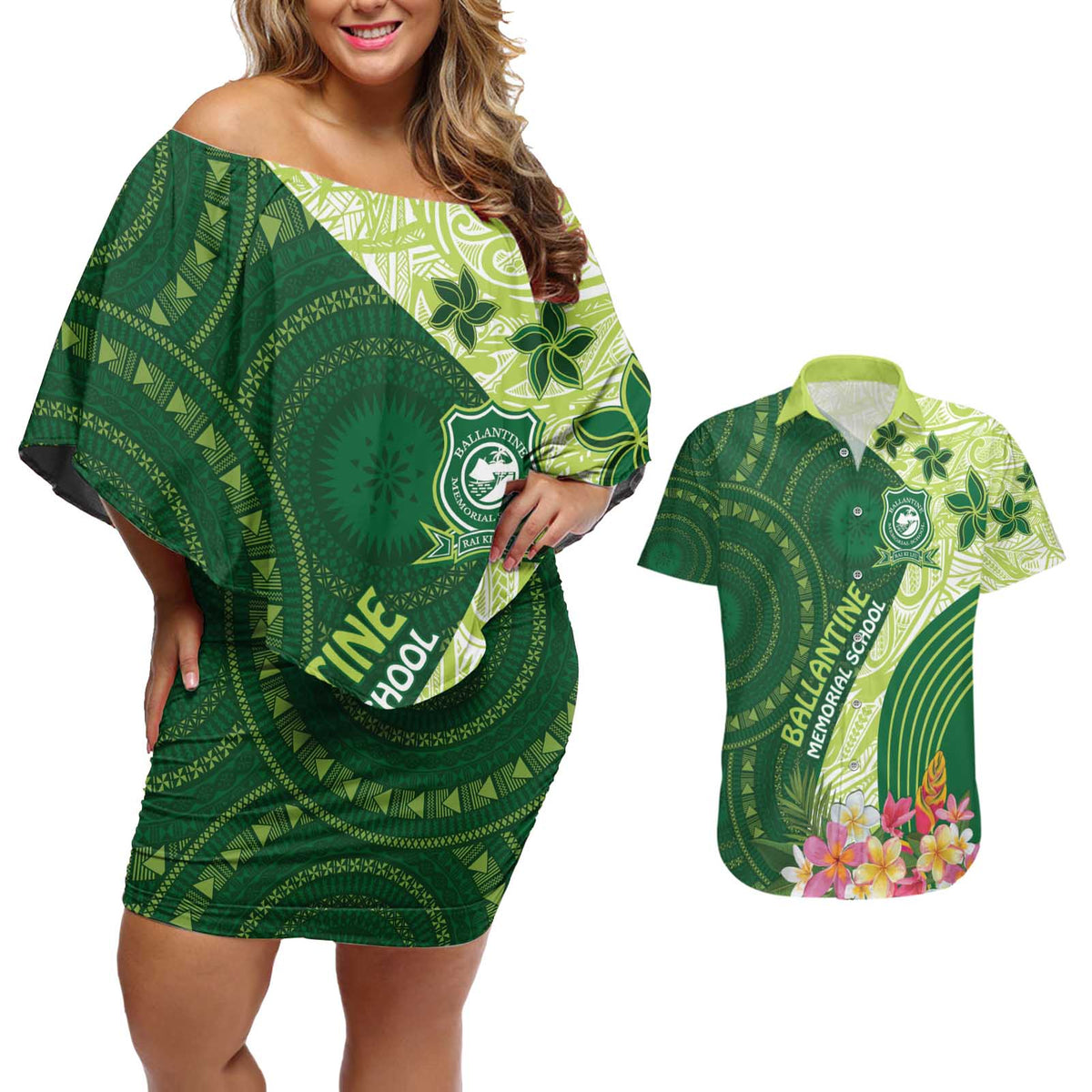 Fiji Ballantine Memorial High School Personalised Couples Matching Off Shoulder Short Dress and Hawaiian Shirt Masi Tapa Mix Plumeria LT7 Green - Polynesian Pride