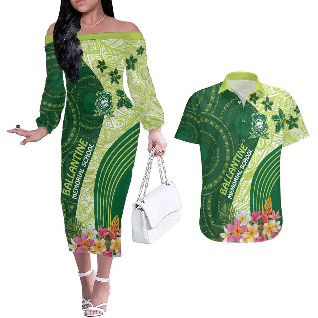 Fiji Ballantine Memorial High School Personalised Couples Matching Off The Shoulder Long Sleeve Dress and Hawaiian Shirt Masi Tapa Mix Plumeria