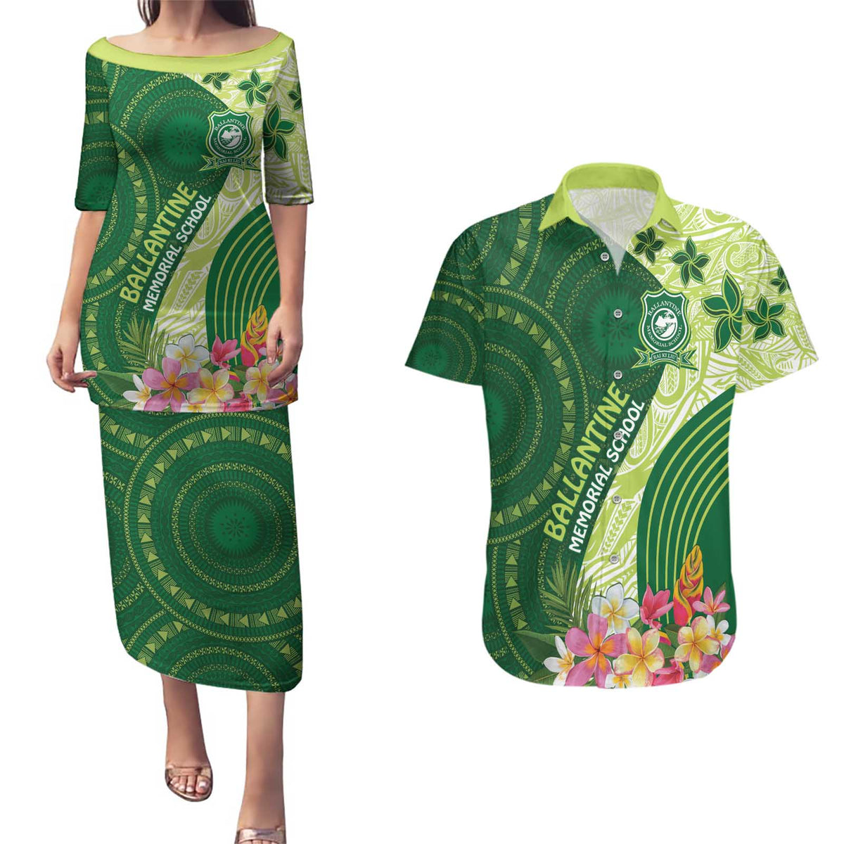 Fiji Ballantine Memorial High School Personalised Couples Matching Puletasi and Hawaiian Shirt Masi Tapa Mix Plumeria LT7 Green - Polynesian Pride