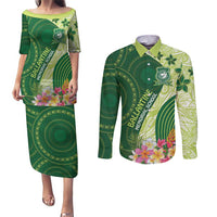 Fiji Ballantine Memorial High School Personalised Couples Matching Puletasi and Long Sleeve Button Shirt Masi Tapa Mix Plumeria LT7 Green - Polynesian Pride