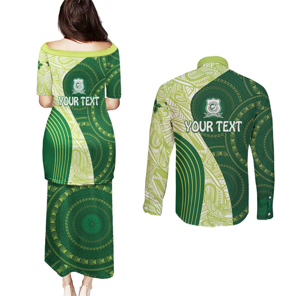 Fiji Ballantine Memorial High School Personalised Couples Matching Puletasi and Long Sleeve Button Shirt Masi Tapa Mix Plumeria LT7 - Polynesian Pride