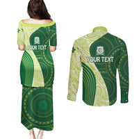 Fiji Ballantine Memorial High School Personalised Couples Matching Puletasi and Long Sleeve Button Shirt Masi Tapa Mix Plumeria LT7 - Polynesian Pride