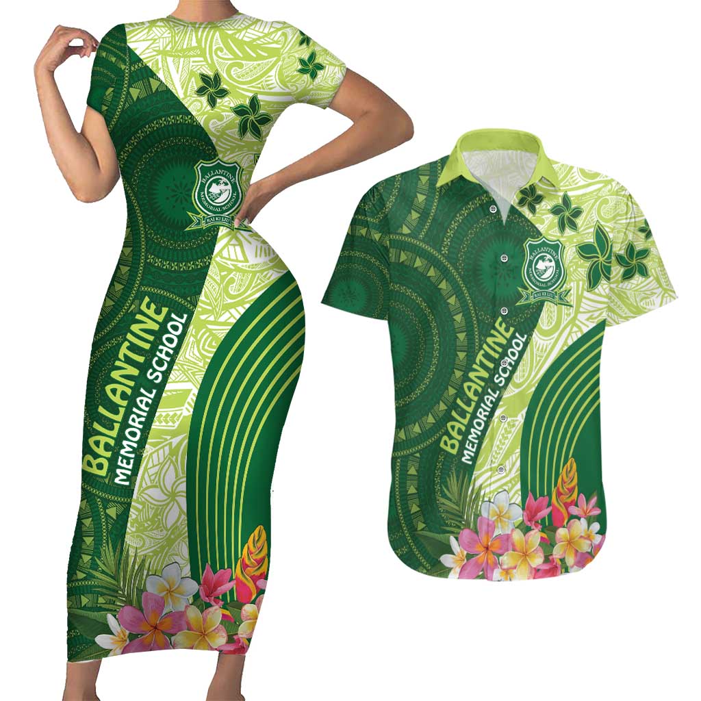 Fiji Ballantine Memorial High School Personalised Couples Matching Short Sleeve Bodycon Dress and Hawaiian Shirt Masi Tapa Mix Plumeria LT7 Green - Polynesian Pride
