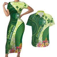 Fiji Ballantine Memorial High School Personalised Couples Matching Short Sleeve Bodycon Dress and Hawaiian Shirt Masi Tapa Mix Plumeria LT7 Green - Polynesian Pride