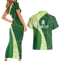 Fiji Ballantine Memorial High School Personalised Couples Matching Short Sleeve Bodycon Dress and Hawaiian Shirt Masi Tapa Mix Plumeria LT7 - Polynesian Pride