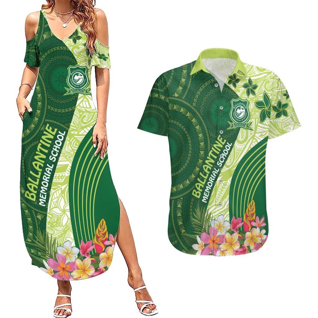 Fiji Ballantine Memorial High School Personalised Couples Matching Summer Maxi Dress and Hawaiian Shirt Masi Tapa Mix Plumeria LT7 Green - Polynesian Pride