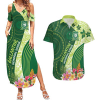 Fiji Ballantine Memorial High School Personalised Couples Matching Summer Maxi Dress and Hawaiian Shirt Masi Tapa Mix Plumeria LT7 Green - Polynesian Pride