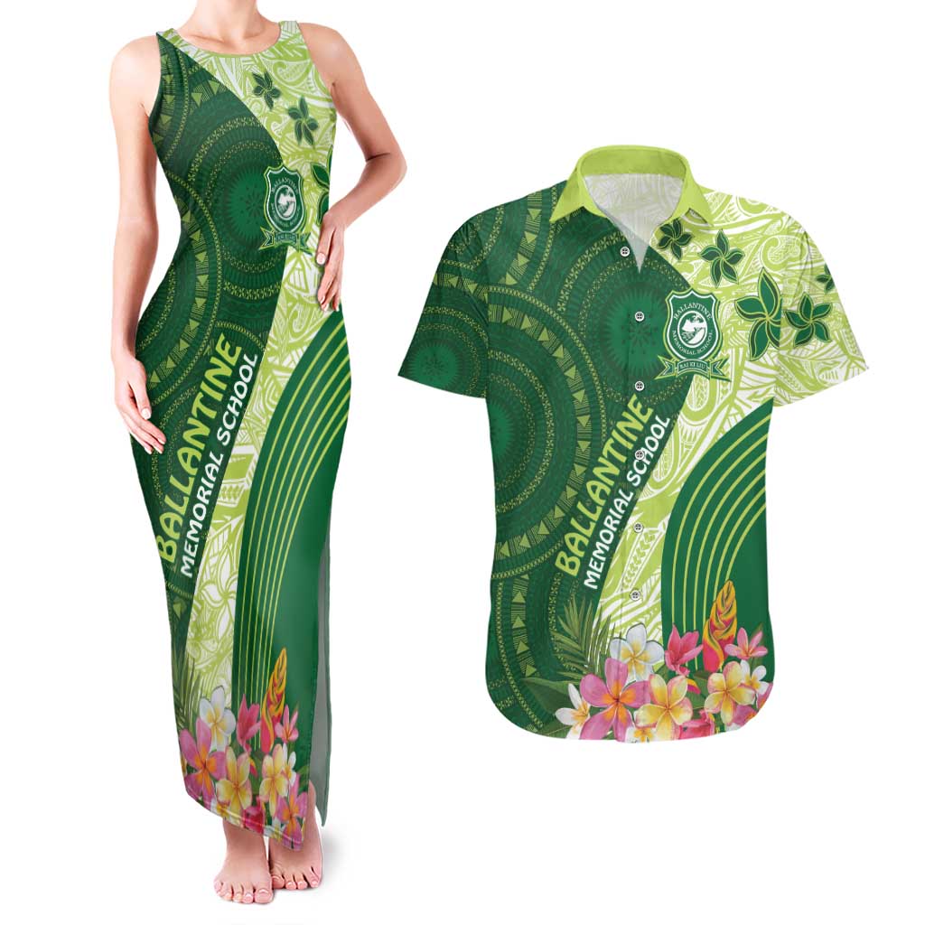 Fiji Ballantine Memorial High School Personalised Couples Matching Tank Maxi Dress and Hawaiian Shirt Masi Tapa Mix Plumeria LT7 Green - Polynesian Pride