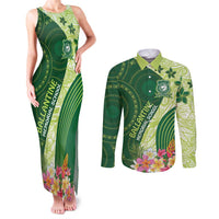 Fiji Ballantine Memorial High School Personalised Couples Matching Tank Maxi Dress and Long Sleeve Button Shirt Masi Tapa Mix Plumeria LT7 Green - Polynesian Pride