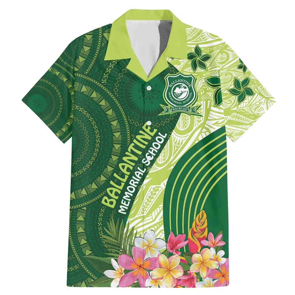 Fiji Ballantine Memorial High School Personalised Family Matching Mermaid Dress and Hawaiian Shirt Masi Tapa Mix Plumeria LT7 Dad's Shirt - Short Sleeve Green - Polynesian Pride