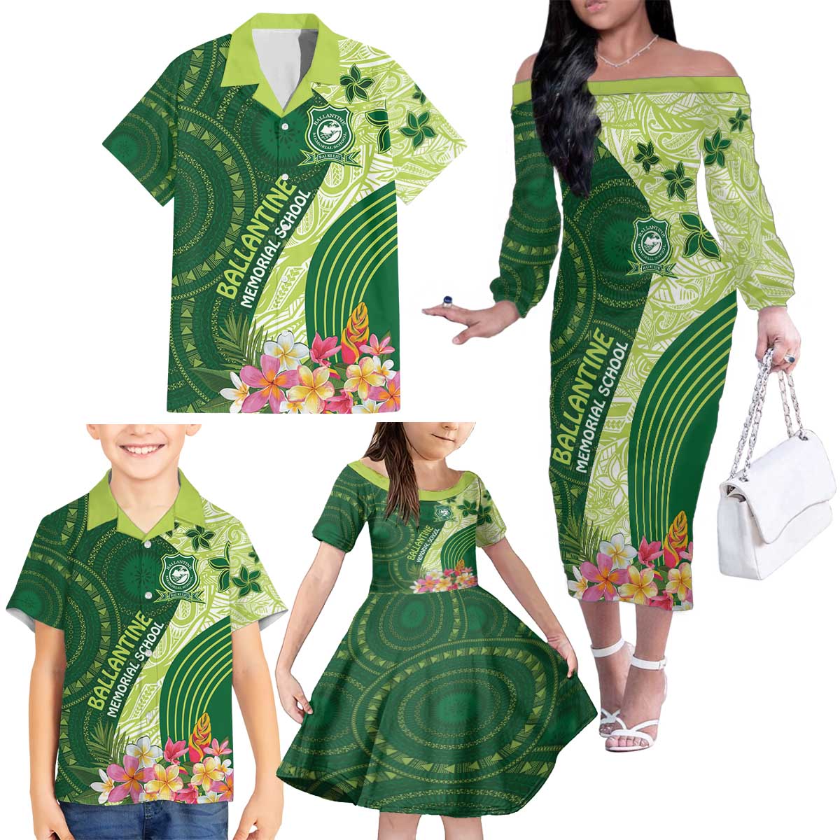 Fiji Ballantine Memorial High School Personalised Family Matching Off The Shoulder Long Sleeve Dress and Hawaiian Shirt Masi Tapa Mix Plumeria LT7 - Polynesian Pride