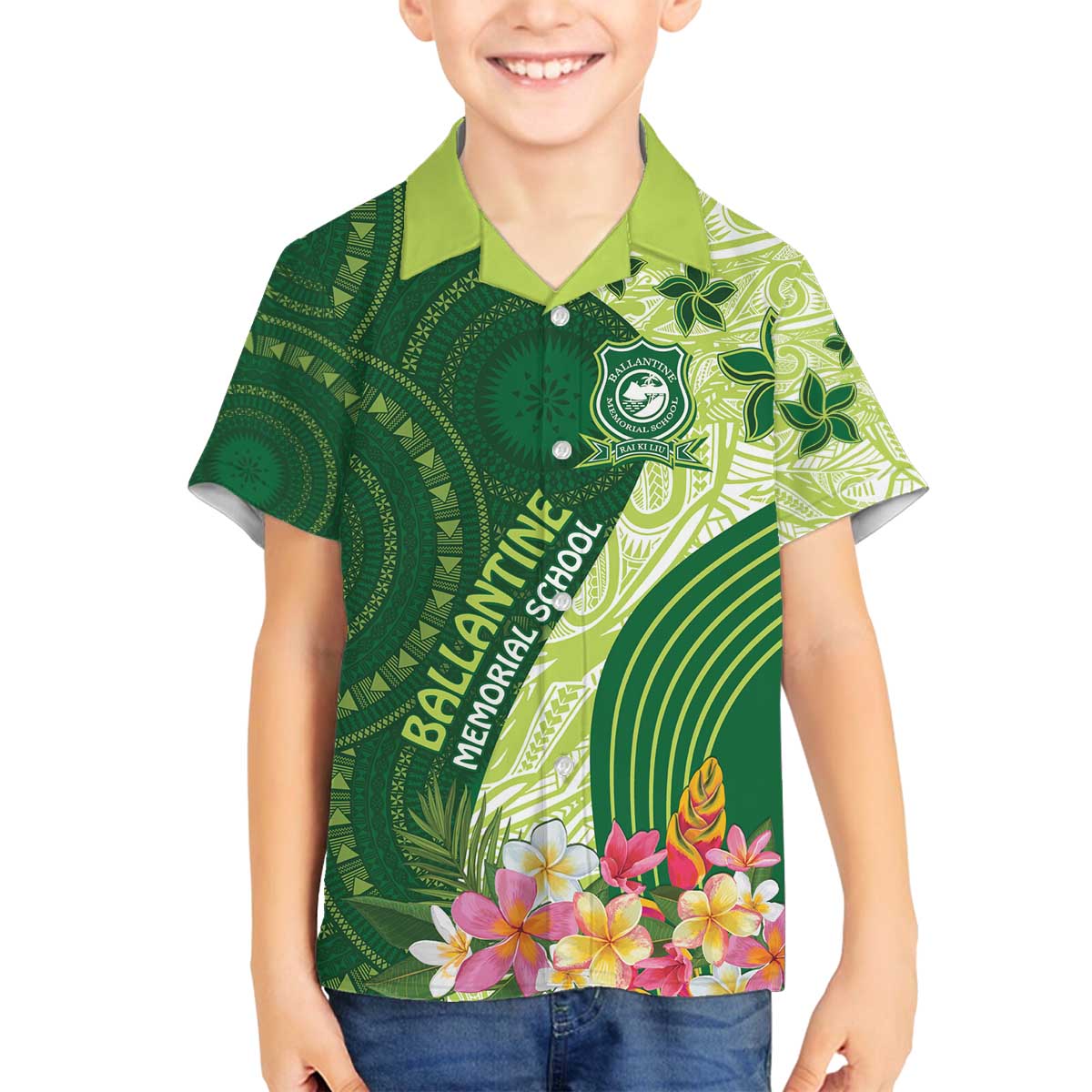 Fiji Ballantine Memorial High School Personalised Family Matching Off The Shoulder Long Sleeve Dress and Hawaiian Shirt Masi Tapa Mix Plumeria LT7 Son's Shirt Green - Polynesian Pride