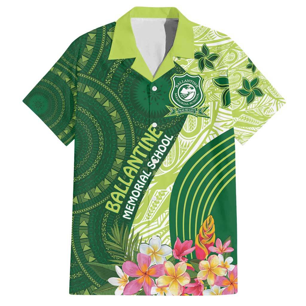 Fiji Ballantine Memorial High School Personalised Family Matching Off Shoulder Maxi Dress and Hawaiian Shirt Masi Tapa Mix Plumeria LT7 Dad's Shirt - Short Sleeve Green - Polynesian Pride