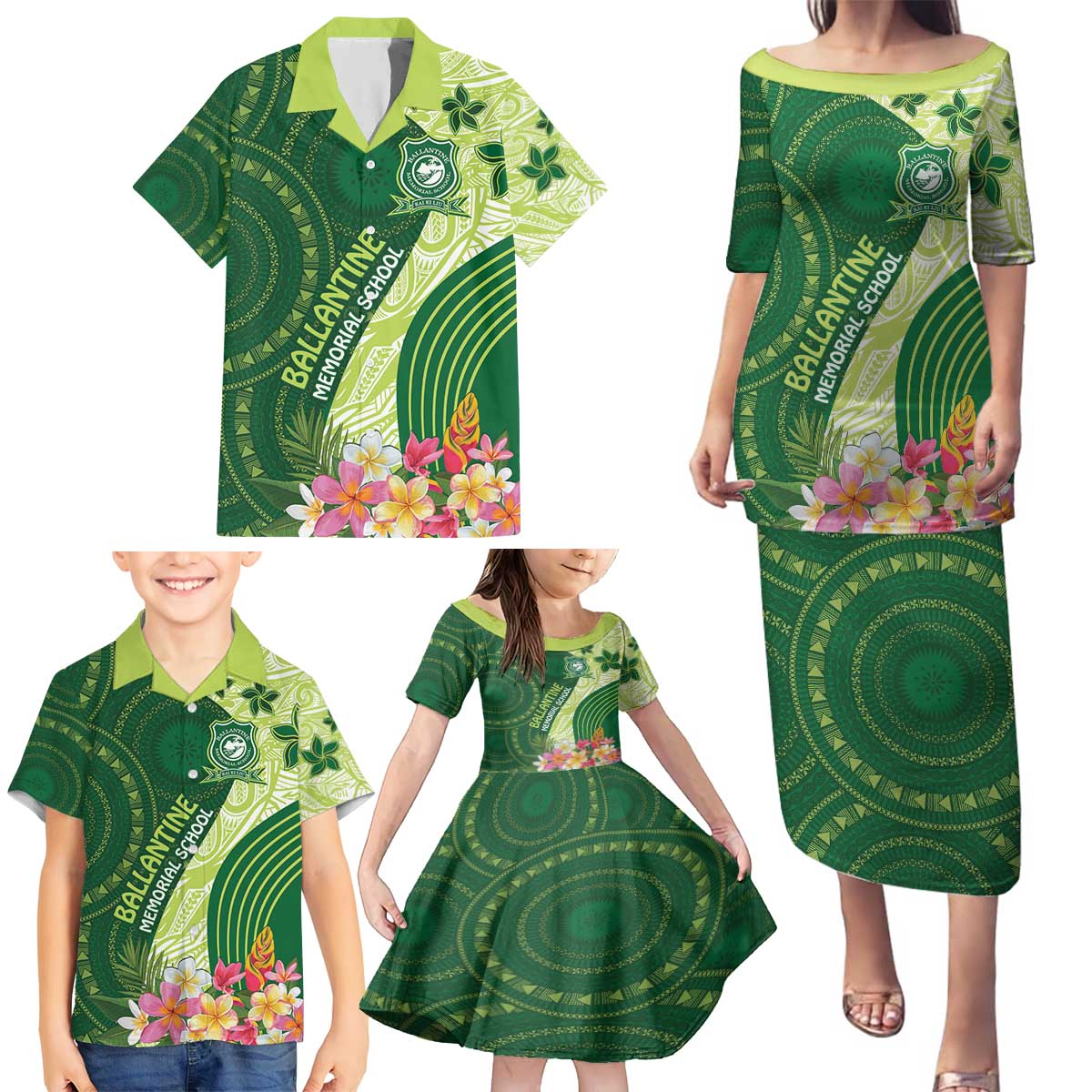 Fiji Ballantine Memorial High School Personalised Family Matching Puletasi and Hawaiian Shirt Masi Tapa Mix Plumeria LT7 - Polynesian Pride