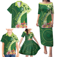 Fiji Ballantine Memorial High School Personalised Family Matching Puletasi and Hawaiian Shirt Masi Tapa Mix Plumeria LT7 - Polynesian Pride