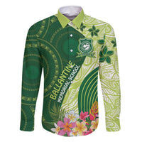 Fiji Ballantine Memorial High School Personalised Family Matching Summer Maxi Dress and Hawaiian Shirt Masi Tapa Mix Plumeria LT7 Dad's Shirt - Long Sleeve Green - Polynesian Pride