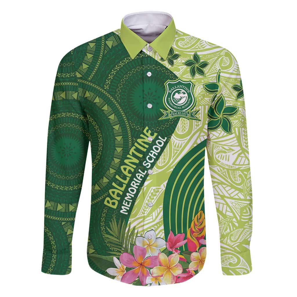 Fiji Ballantine Memorial High School Personalised Family Matching Tank Maxi Dress and Hawaiian Shirt Masi Tapa Mix Plumeria LT7 Dad's Shirt - Long Sleeve Green - Polynesian Pride