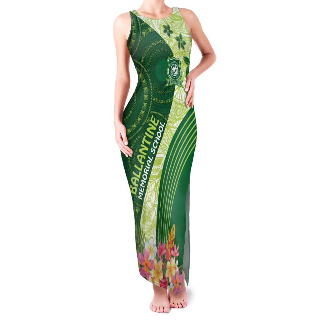 Fiji Ballantine Memorial High School Personalised Family Matching Tank Maxi Dress and Hawaiian Shirt Masi Tapa Mix Plumeria LT7 Mom's Dress Green - Polynesian Pride