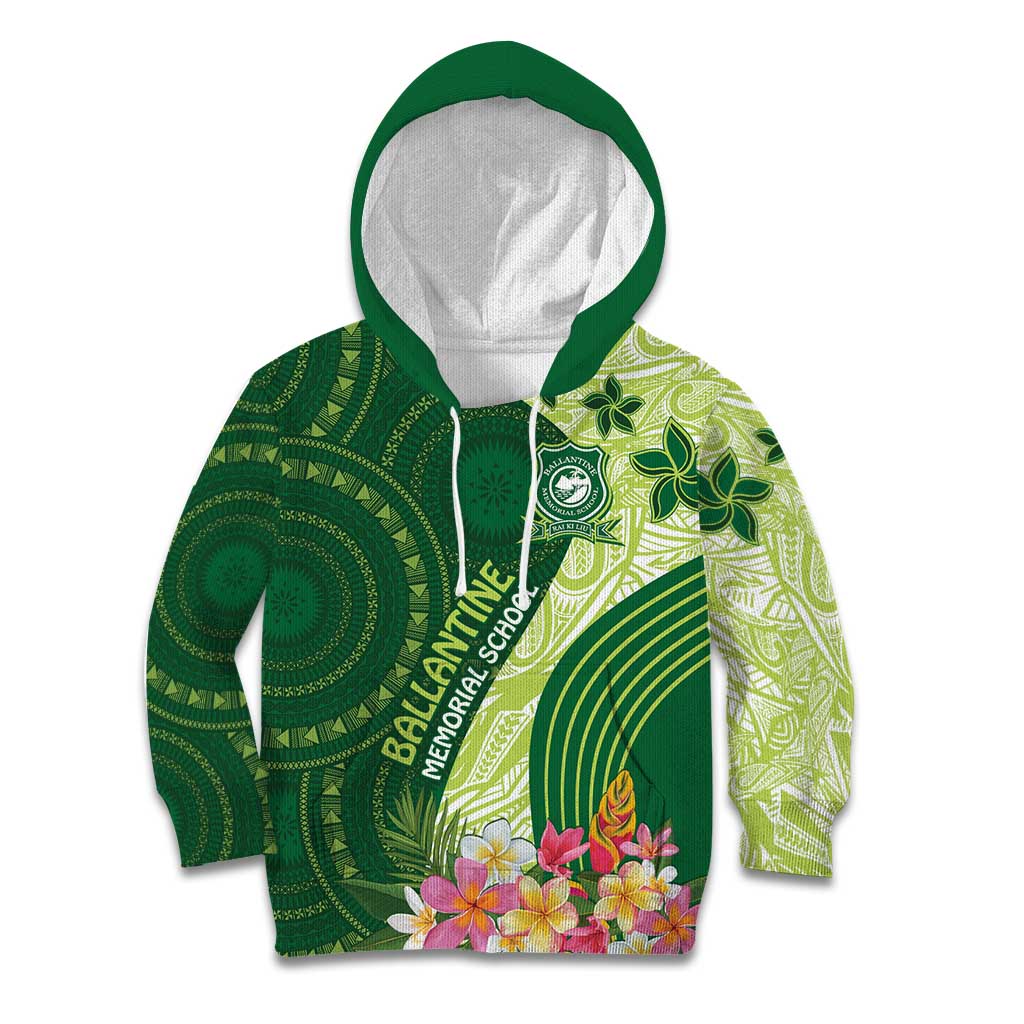 Fiji Ballantine Memorial High School Personalised Kid Hoodie Masi Tapa Mix Plumeria LT7 Hoodie Green - Polynesian Pride