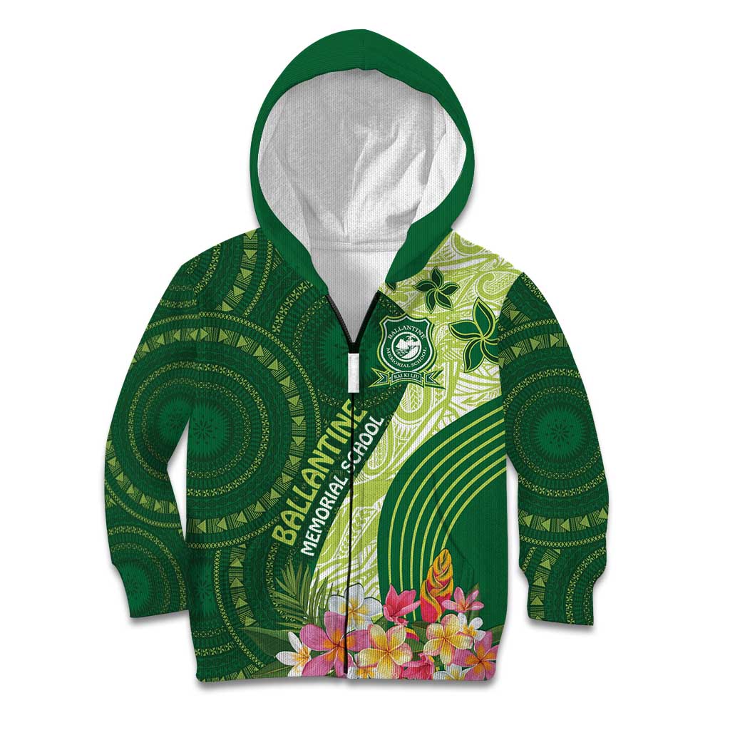 Fiji Ballantine Memorial High School Personalised Kid Hoodie Masi Tapa Mix Plumeria LT7 Zip Hoodie Green - Polynesian Pride