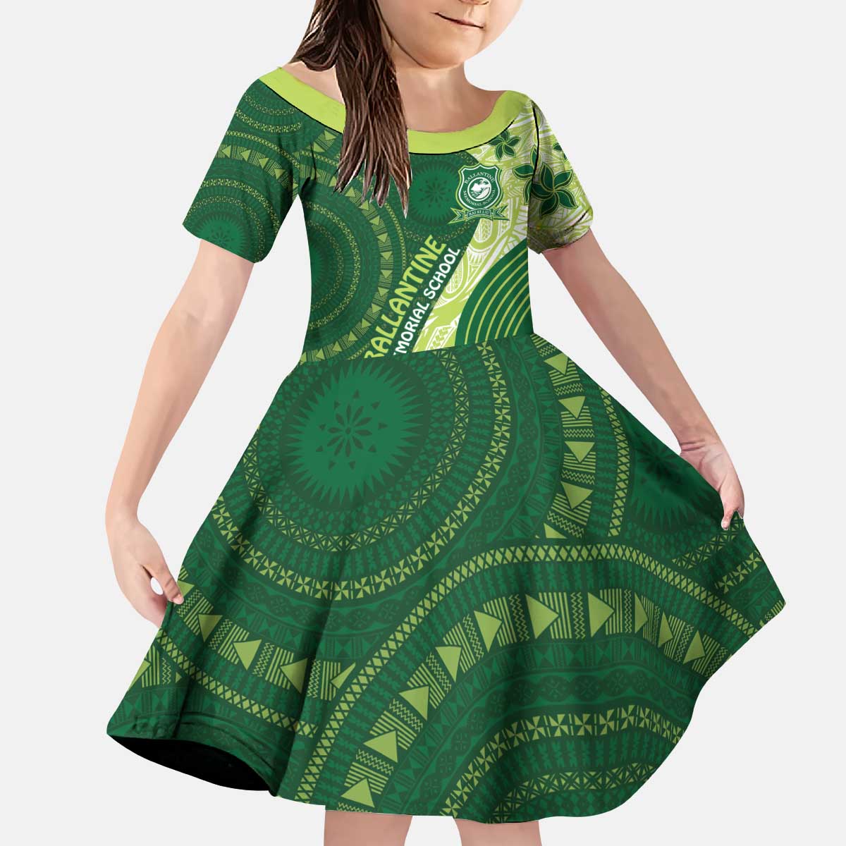Fiji Ballantine Memorial High School Personalised Kid Short Sleeve Dress Masi Tapa Mix Plumeria LT7 KID Green - Polynesian Pride