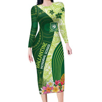 Fiji Ballantine Memorial High School Personalised Long Sleeve Bodycon Dress Masi Tapa Mix Plumeria LT7 Long Dress Green - Polynesian Pride