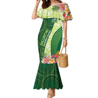 Fiji Ballantine Memorial High School Personalised Mermaid Dress Masi Tapa Mix Plumeria LT7 Women Green - Polynesian Pride