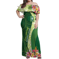 Fiji Ballantine Memorial High School Personalised Off Shoulder Maxi Dress Masi Tapa Mix Plumeria LT7 Women Green - Polynesian Pride
