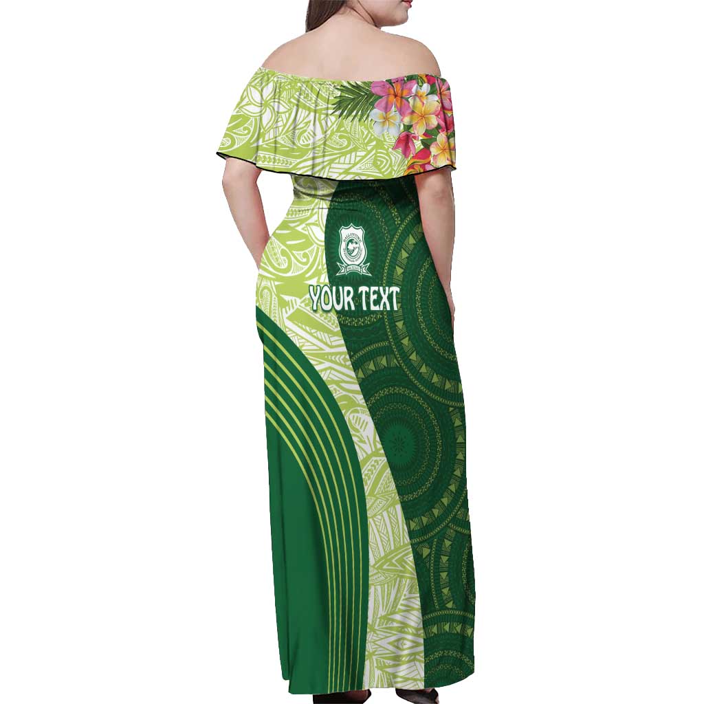 Fiji Ballantine Memorial High School Personalised Off Shoulder Maxi Dress Masi Tapa Mix Plumeria LT7 - Polynesian Pride