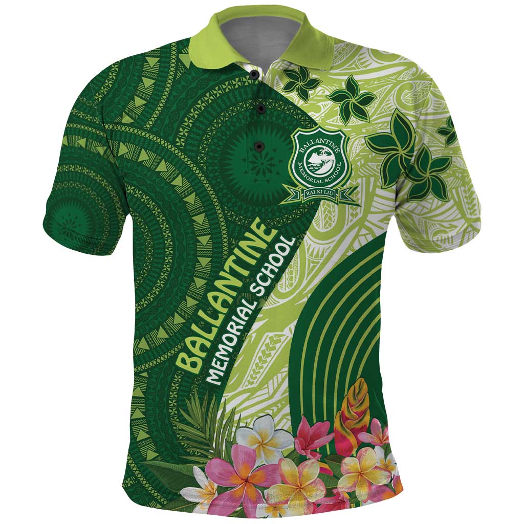 Fiji Ballantine Memorial High School Personalised Polo Shirt Masi Tapa Mix Plumeria LT7 Green - Polynesian Pride